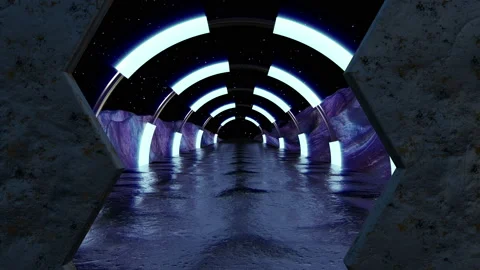 Iron hatch opens panoramic view to the extraterrestrial landscape scene. 3d abst Stock Footage 111277408