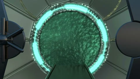 Iron hatch opens panoramic view to the spaceship landscape scene. 3d abstract ba Stock Footage 113921727
