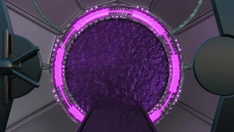 Iron hatch opens panoramic view to the spaceship landscape scene. 3d abstract ba Stock Footage 113921803