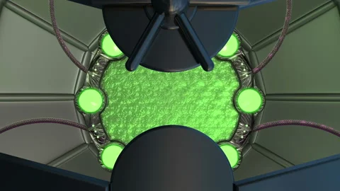 Iron hatch opens panoramic view to the spaceship landscape scene. 3d abstract b Stock Footage 114086227