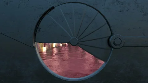 Iron hatch opens panoramic view to the extraterrestrial landscape scene. 3d abst Stock Footage 114241767