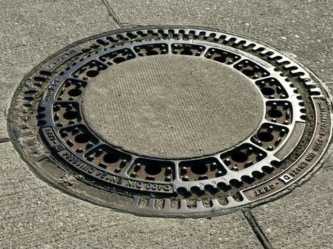 Iron hatch with a pattern above an observation well is located on auto road in Stock Photos