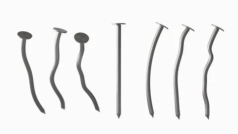 Iron nails 3d render icons set. Straight and bent steel hardware spikes or Illustrazione stock