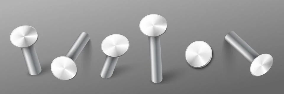 Iron nails set in various angles, realistic vector illustration isolated. Stock Illustration