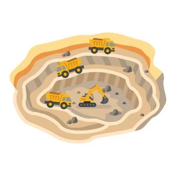 Iron ore mining quarry with dump trucks and excavator. Objects isolated on .. Stock Illustration