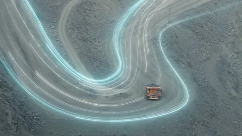 Iron ore mining. Visualization of a modern quarry. A mining dump truck drives on Stockbeeldmateriaal 236900757