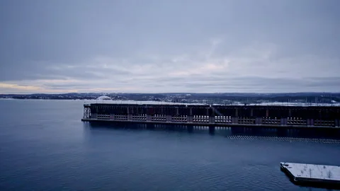Iron ore transfer dock supporting Great Lakes commercial shipping in Northern Stock Footage 341383371