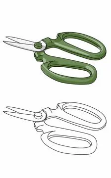 Iron plate gren Scissors issolated on white. Carpentry tools coloring page  Stock Illustration