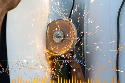 Iron processing work, graph. Metal processing with an angle grinder. Sparks.. Stock Photos