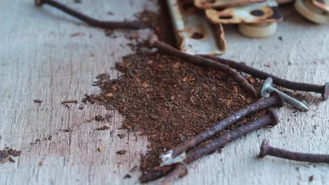 Iron rust flakes, debris and rusted nails. Stock Footage 336933996