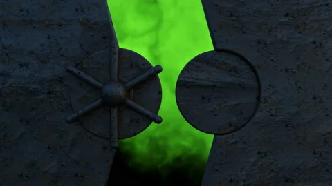 Iron rusted hatch closes panoramic view to the green toxic smoke coming from the Stock Footage 110334549