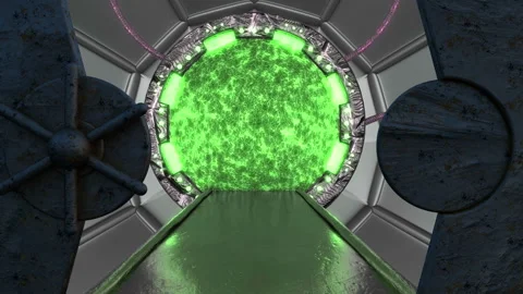 Iron rusty hatch opens panoramic view to the spaceship landscape scene. 3d abstr Stock Footage 113811729