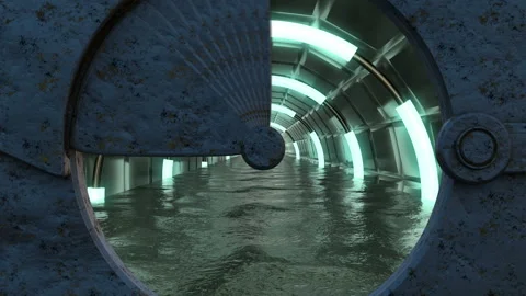 Iron rusty hatch opens panoramic view to the spaceship landscape scene. 3d abstr Stock Footage 114130165