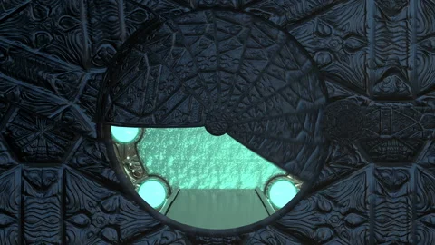 Iron rusty hatch opens panoramic view to the spaceship landscape scene. 3d abstr Stock Footage 114379707