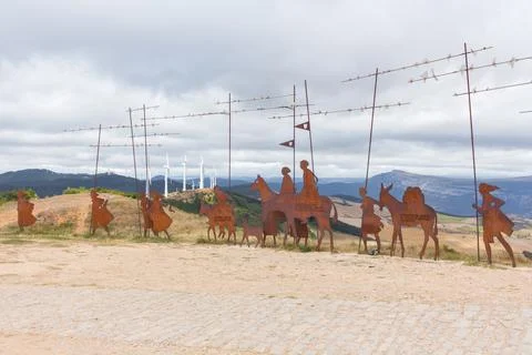 Iron sculpture of pilgrims in the Alto del Perdón, Camino de Santiago, Spain. Stock Photos