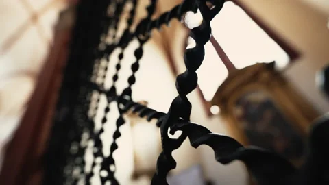 Iron security grid protection inside Cathedral. Iron metal patterns to demarc Stock Footage 221937268