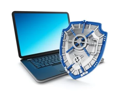 Iron shield protecting laptop computer. 3D illustration Stock Illustration