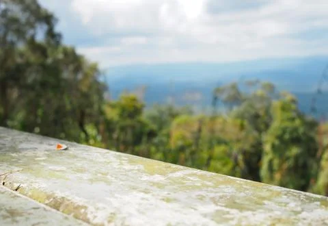 The iron table is empty on the background of forest, mountain and sky. Foto stock