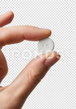 Iron tablet held in hand, dietary supplement for health PSD Template