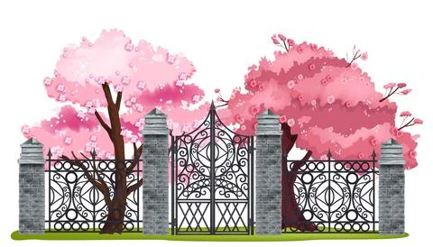 Iron wrought park gate, vector metal mansion ornate fence illustration Ilustración de archivo
