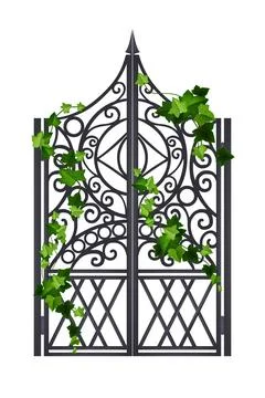 Iron wrought vector gate, metal old mansion door, green ivy leaf Ilustración de archivo
