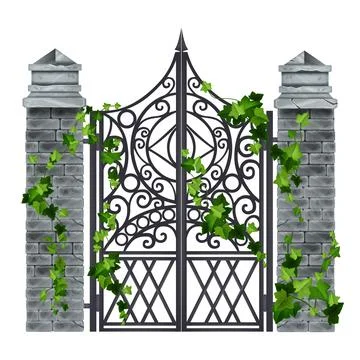Iron wrought vector gate, old vintage metal grate, gray brick stone pillars Stock Illustration