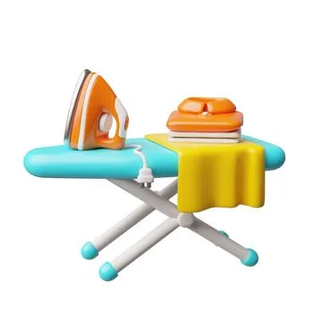 Ironing board with iron and a stack of clothes 3D cartoon plastic style, vector Illustrazione stock