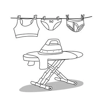 Ironing desk board with underware clothes hanging on a line art drawing  colorin Stock Illustration