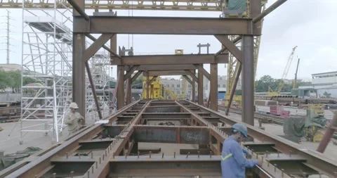 Ironworkers Busy Working On Steel Structural Frame Of A Bridge. drone Stock Footage 162209372