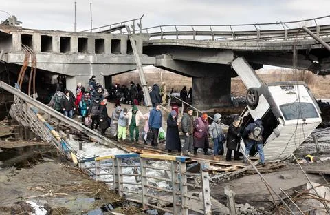 IRPIN, UKRAINE - Mar. 09, 2022: War in Ukraine. Thousands of residents of Irpin  Stock Photos