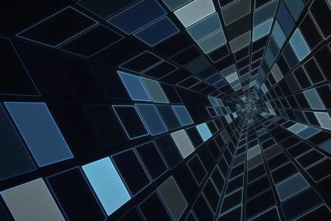 Irregular blue-gray rectangular panels form a deep perspective tunnel, thei.. Stock Illustration