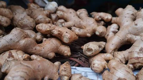 Irregular ginger roots piled, showing bumpy light brown texture Stock Photos
