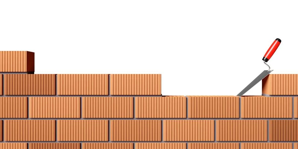 Irregular masonry bricks wall border or edge bottom of the frame with trowe.. Stock Illustration
