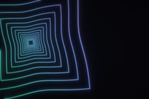 Irregular nested square outlines glow in cyan and blue along the left side .. Ilustração Stock
