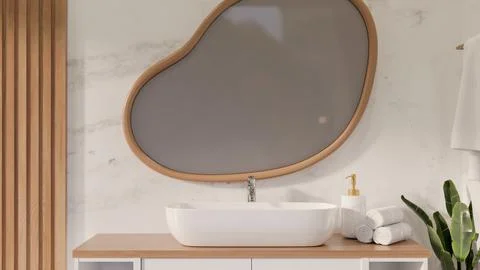 Irregular odd shape mirror hanging on shiny marble wall over a white cerami.. Stock Illustration