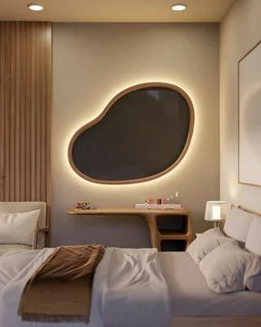 Irregular odd shape mirror with led light over wooden table next to armchai.. Ilustração Stock