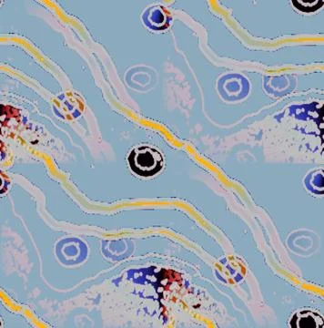 Irregular wavy lines and concentric circles multicolored on light blue blurred Stock Illustration