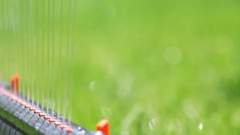 Irrigating grass with water sprinkler. Stock Footage 77438427