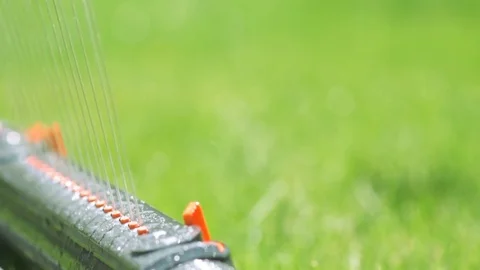 Irrigating grass with water sprinkler. Stock Footage 77438607