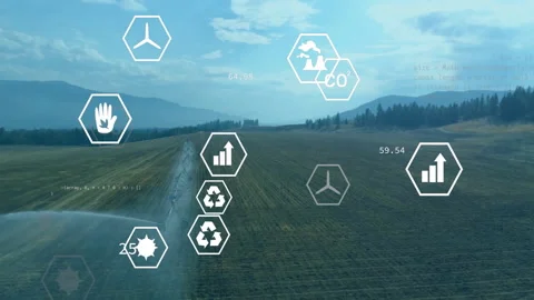 Irrigation arm entering frame causing watering field while hex icons appearing Stock Footage 314528696