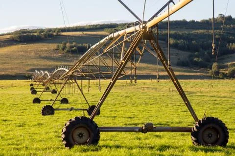 Irrigation equipment and green fields at sunset in Kwazulu Natal (South Africa) Stock Photos