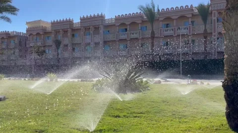 Irrigation of green lawn. Automatic lawn watering with green grass Stock Footage 170785447