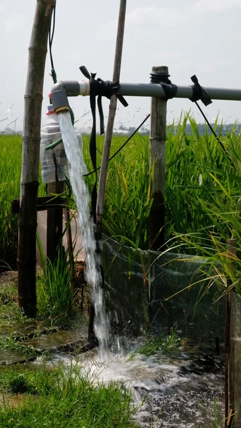 Irrigation pipe gushing clear water into lush green rice field on sunny day. Vídeo Stock 340322618