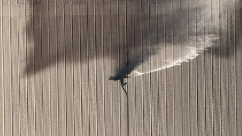 Irrigation pivot gun machine spraying water seen from above Stock Footage 333314286