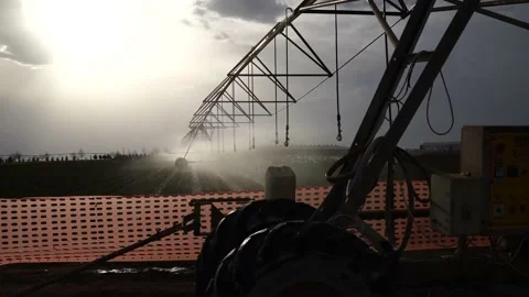 An irrigation pivot moving very slowly and watering field in the sunset. Kony 動画素材 150397913