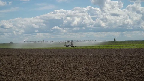 Irrigation system on agricultural land. Stock Footage