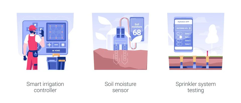 Irrigation system components isolated concept vector illustrations. Stock Illustration