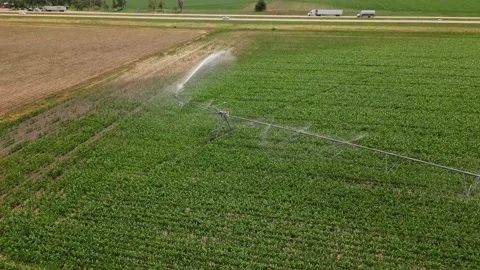 Irrigation system rain guns sprinkler on agricultural wheat field Stock Footage 248123344
