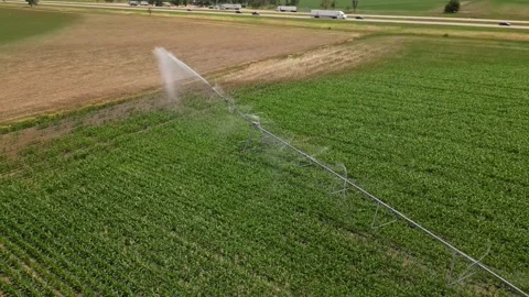 Irrigation system rain guns sprinkler on agricultural wheat field Stock Footage 248123349