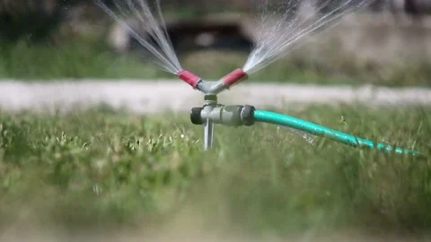 Irrigation System Spraying Water Over Growing Crop in a Field at Sunset Garden Vídeos de archivo 334656684